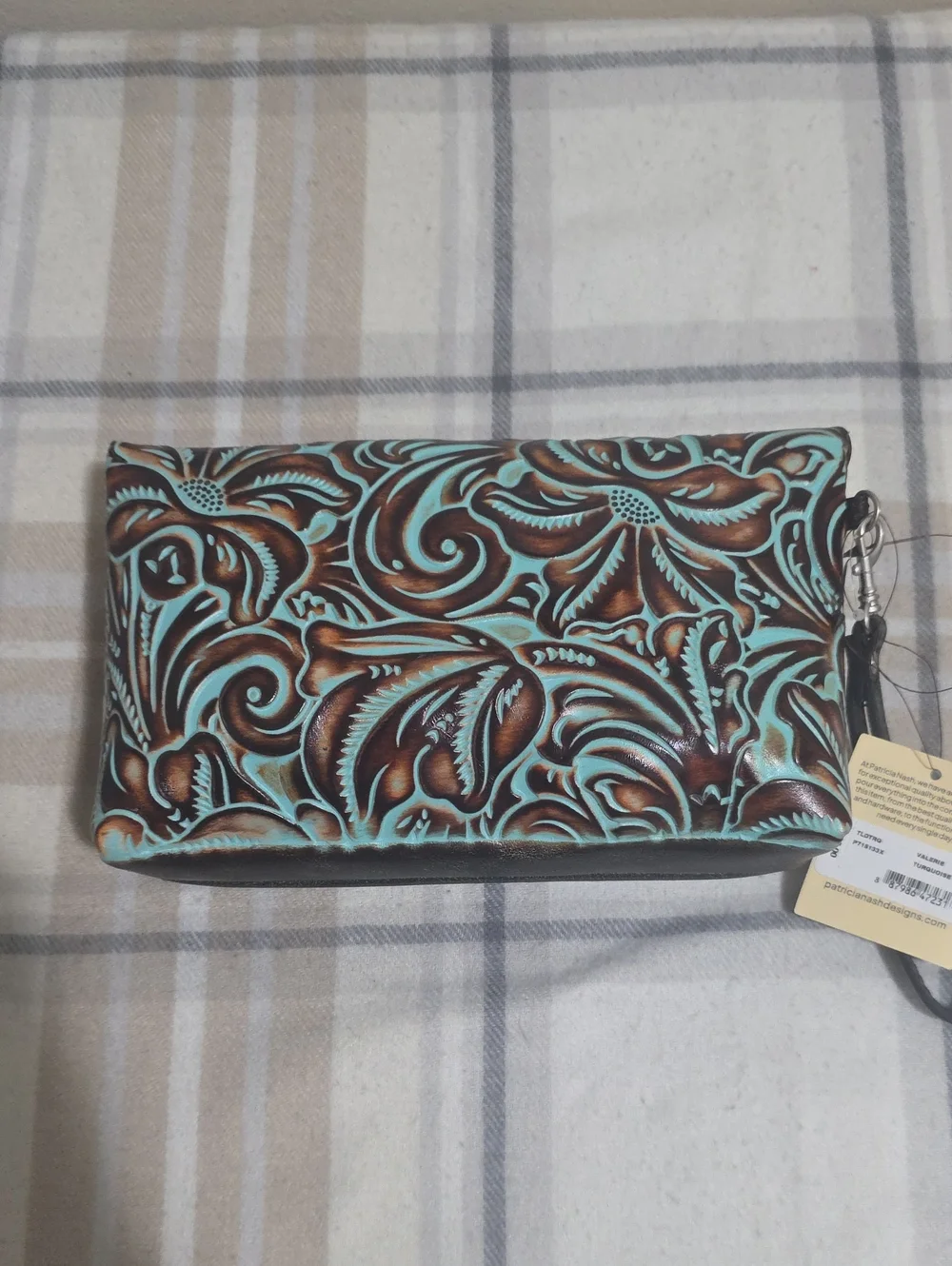 Tooled Floral Leather Wristlet - Turquoise & Brown